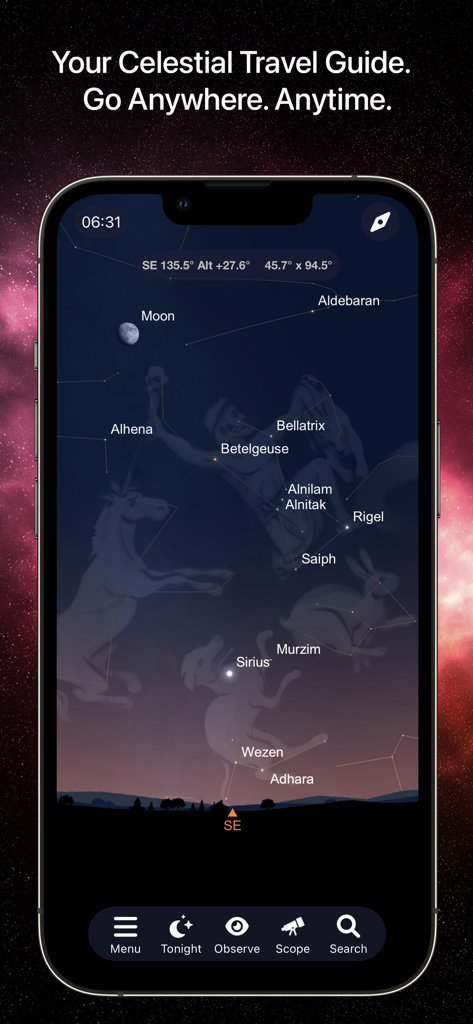 SkySafari 7 Pro - SkySafari 7 Pro app interface displaying a detailed star chart with constellations and celestial objects.