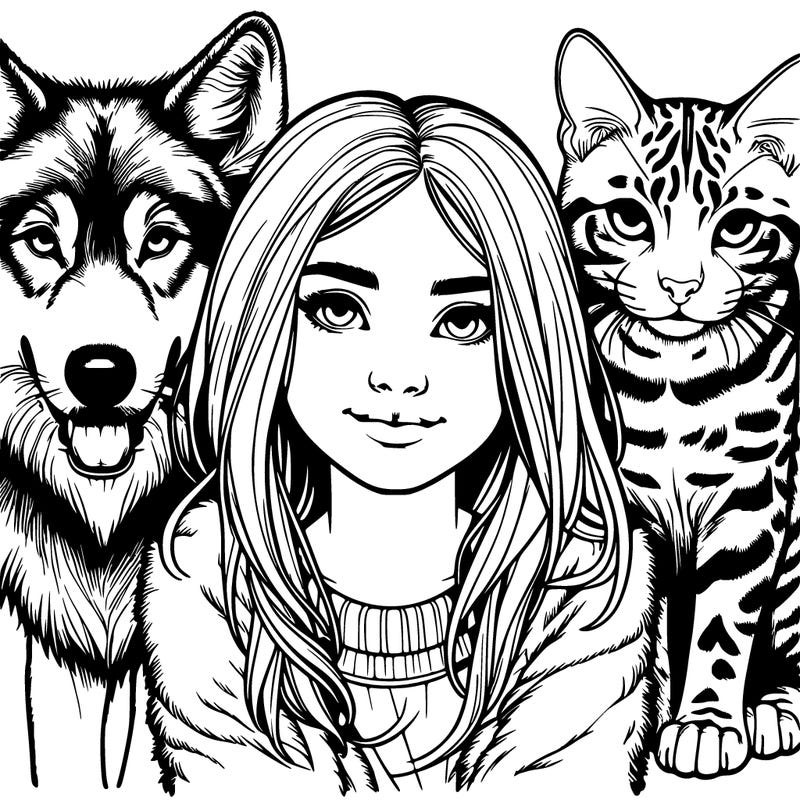 realistic girl with a wolf and a big bangel cat