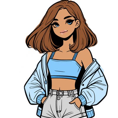 a realistic girl with a crop top and short shorts in an open jacket