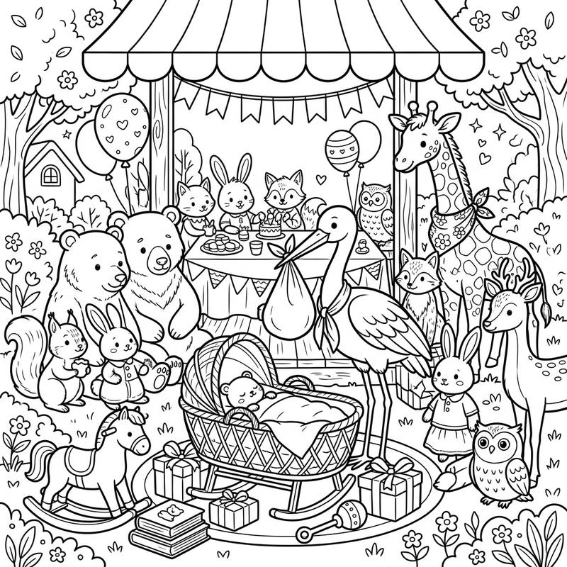 Immerse yourself in the heartwarming world of a forest animal baby shower, featuring a full scene bursting with adorable creatures and festive details. This delightful coloring page is perfect for celebrating new arrivals and sparking joy with every hue.