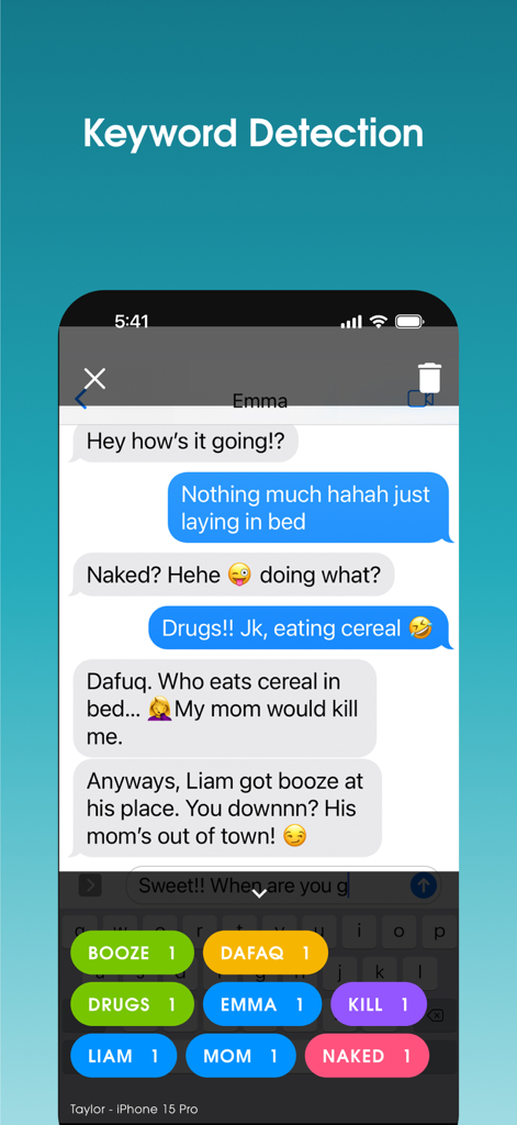 Interfaz de la aplicación OurPact que muestra la detección de palabras clave para monitorizar los mensajes de texto de los niños e identificar lenguaje preocupante.