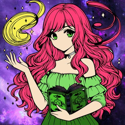 realistic girl with a spell book and magic swirling around her