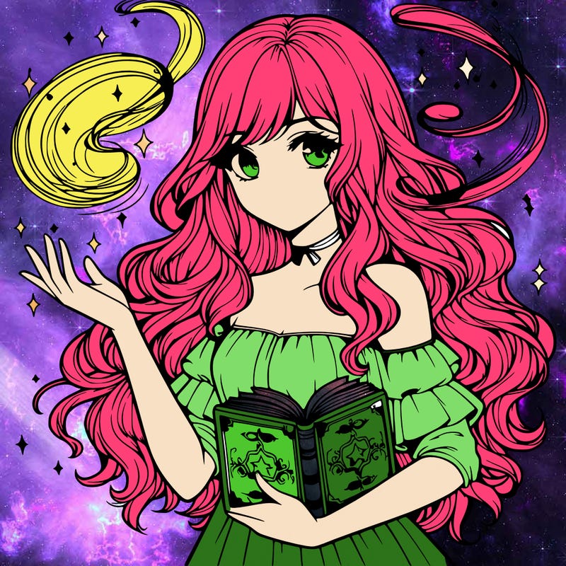 realistic girl with a spell book and magic swirling around her
