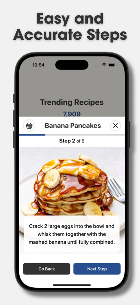 Recipi: AI Recipe Maker - Interfaz de aplicación móvil que muestra instrucciones de cocina visuales claras paso a paso para panqueques de plátano