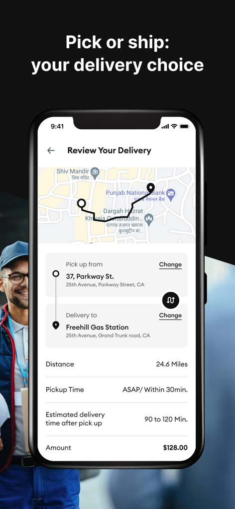 AllRide Customer app interface showing a delivery review with map route and trip details