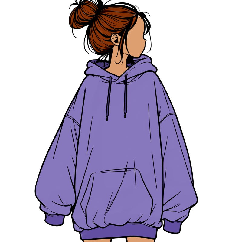 realistic girl with a oversized sweatshirt on and a bun