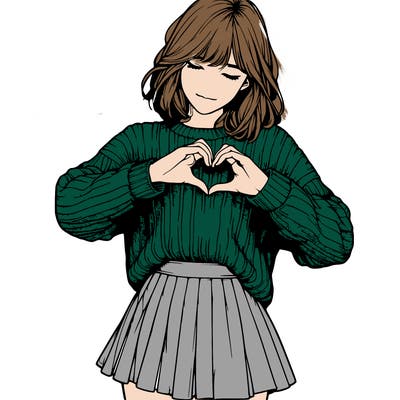 realistic girl in sweater and skirt making a heart with her hands