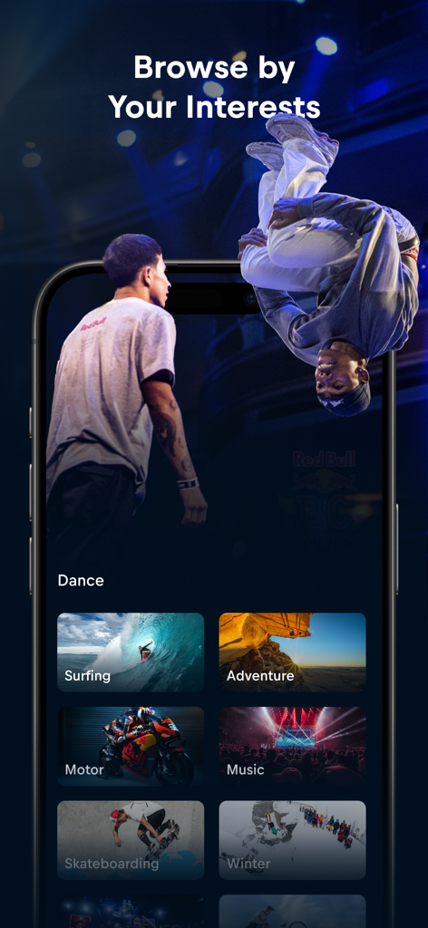 Red Bull TV: Watch Live Events - 스포츠 및 음악 카테고리가 있는 관심사별 탐색 화면을 보여주는 Red Bull TV 앱 인터페이스