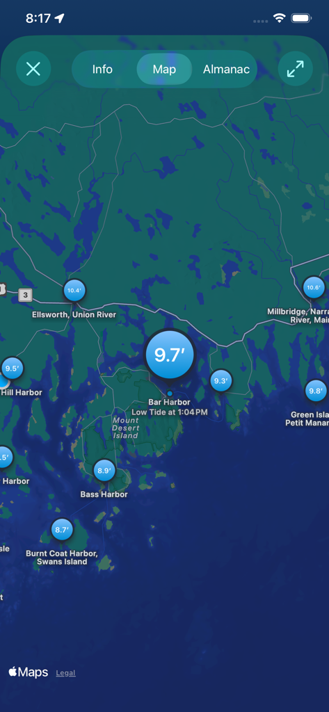 Ocean Watch - Ocean Watch App-Oberfläche mit interaktiver Karte mit Echtzeit-Gezeitenständen und Markierungen für Küstenstationen