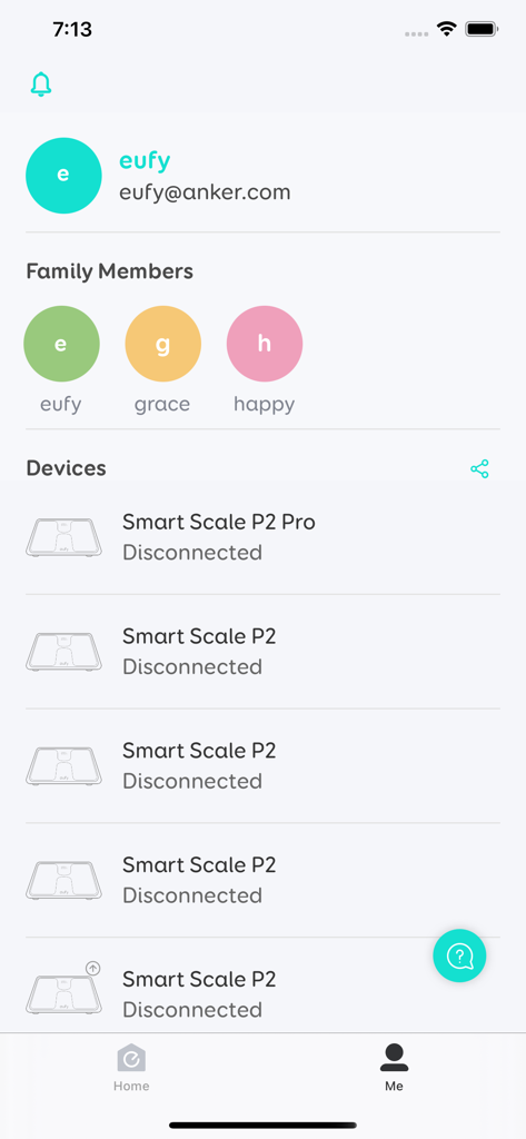 User profile page in the eufy Life app displaying family members and connected smart scale devices.