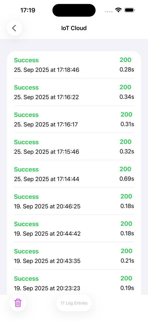 WebServerMonitor app displaying a chronological list of successful HTTP 200 server status logs with response times