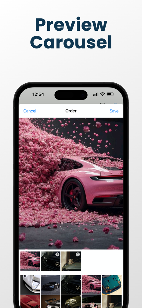 FlowPix Instagram Feed Preview - FlowPix mobile app interface showing the Instagram carousel preview and ordering tool