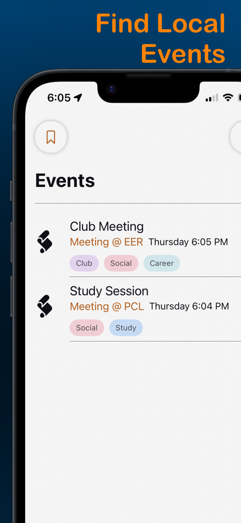 CampusNav - College Navigation - CampusNav app screen showing a list of university events including club meetings and study sessions