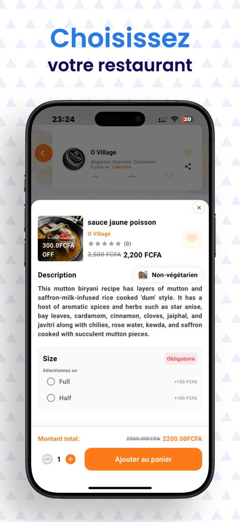 Interface of the Tchop Xpress app displaying a food dish description and price in FCFA