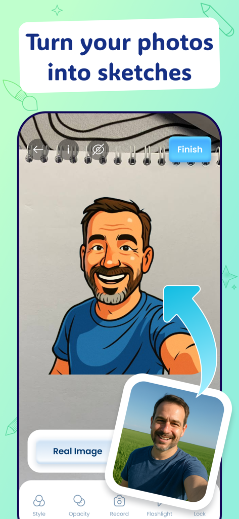 AR Drawing & Tracing - DrawToo - AR drawing app interface showing a real photo being transformed into a stylized caricature sketch on a paper notebook