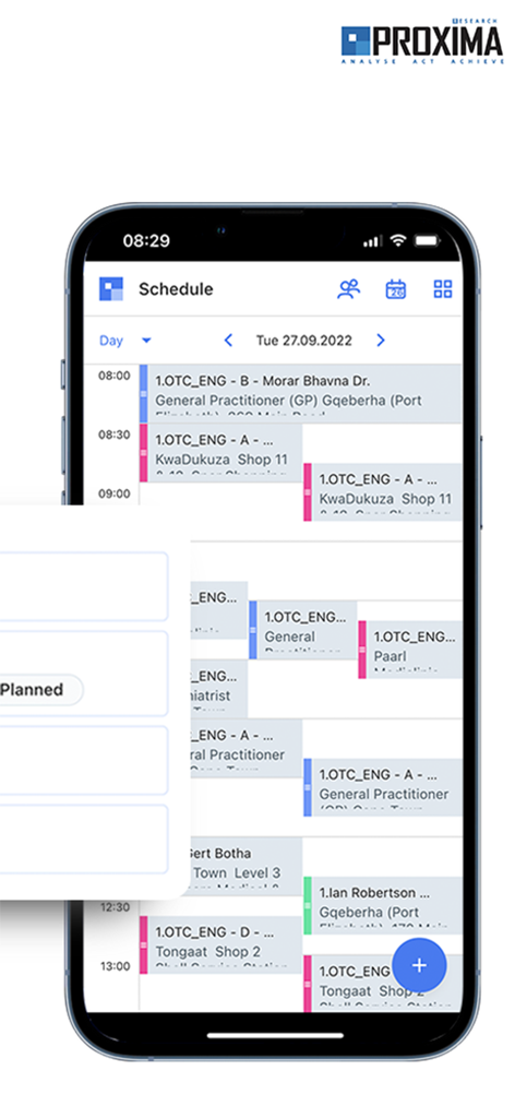 Mobile interface of Proxima Cloud CRM showing a daily schedule for a pharmaceutical sales representative with planned appointments