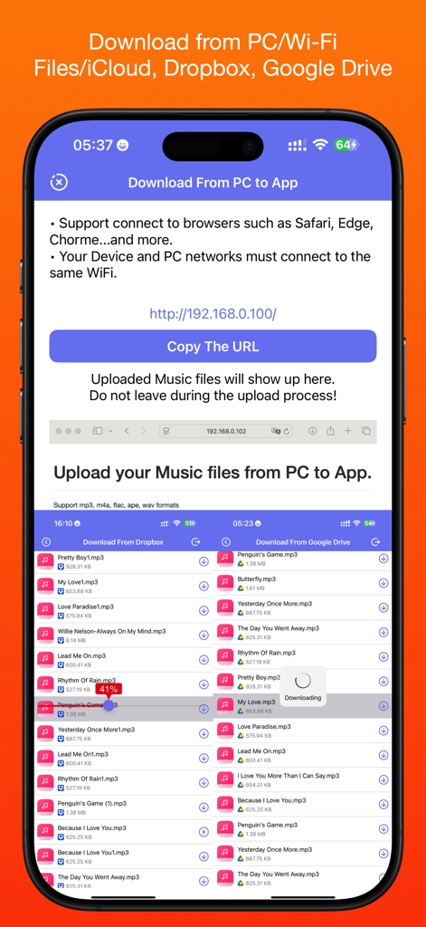 Music X - Full Music Player Fm - Interface showing music download options from PC and cloud services in Music X app.