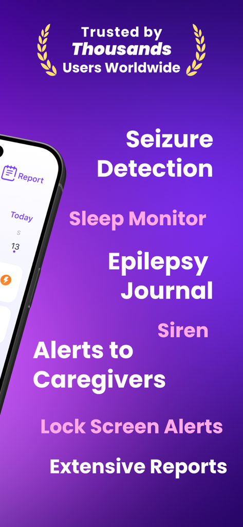 Liste der EpiCentr App-Funktionen, einschließlich Anfallserkennung, Schlafmonitor und Epilepsie-Tagebuch auf lila Hintergrund