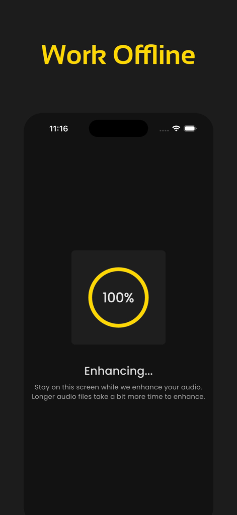 Noise Reducer, PureVoice - PureVoice app interface showing a 100 percent completed offline audio enhancement process.
