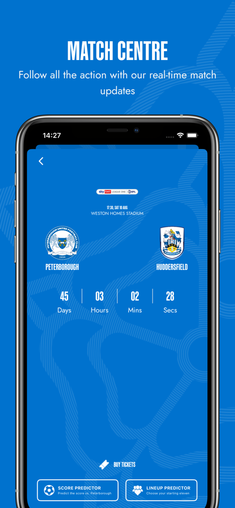 Huddersfield Town AFC - Match Centre dell'Huddersfield Town AFC che mostra il conto alla rovescia per la prossima partita e le funzionalità di previsione