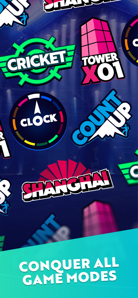 Darts of Fury: PvP Multiplayer - Un gráfico que muestra varios modos de juego de dardos, incluyendo Cricket, Shanghái y Count Up.