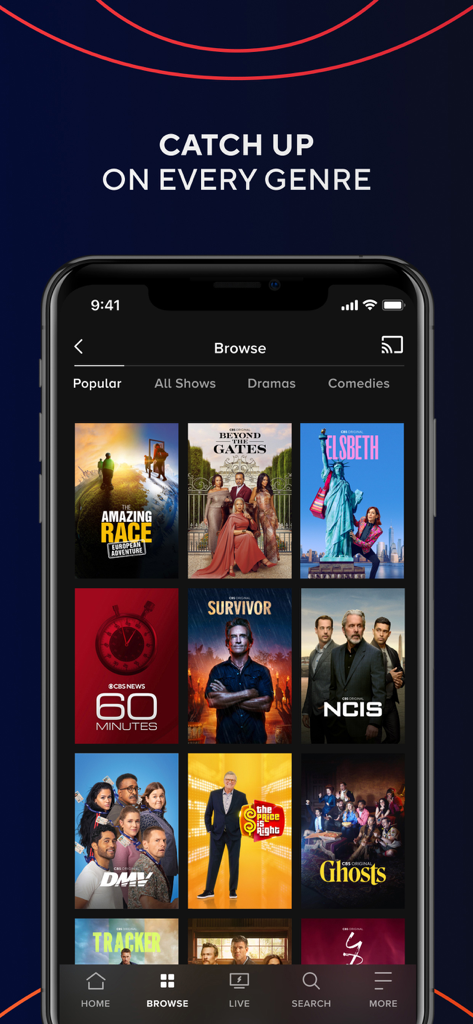 CBS app browse screen displaying popular TV shows across various genres