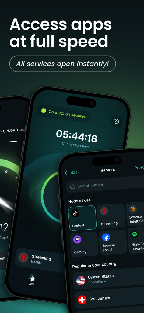 Guru VPN app interface on iPhones showing high speed connection status and specialized server modes for streaming and gaming