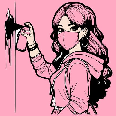 realistic girl with mask spray painting a wall