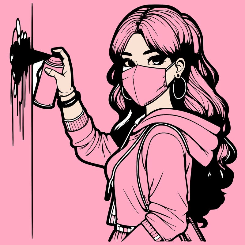 realistic girl with mask spray painting a wall