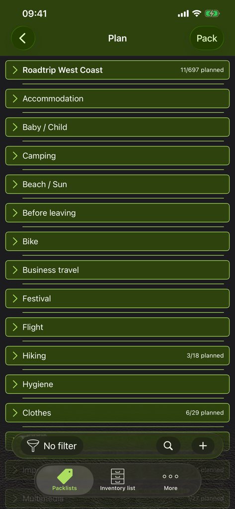 Pack The Bag - Packing list categories in the Pack The Bag app for different types of trips