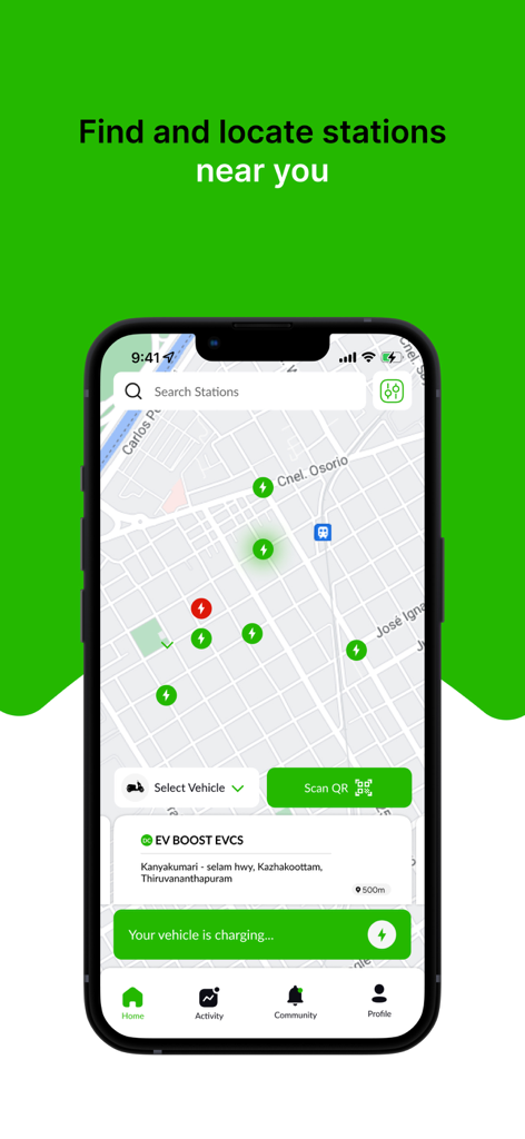 EV Boost - Map view in the EV Boost app showing available charging stations and vehicle charging status