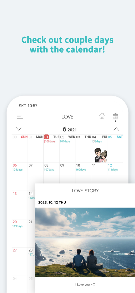 Couple Widget : Love Countdown - A screenshot of the Couple Widget app showing a calendar with relationship milestones and a love story diary entry.