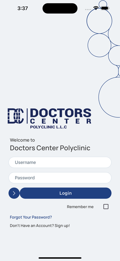 Login screen for the Doctors Center Polyclinic mobile application