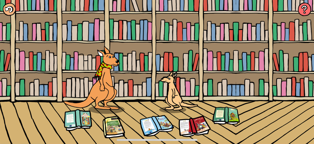 Lesestart zum Lesenlernen - A cartoon kangaroo and a small kangaroo in a library filled with books