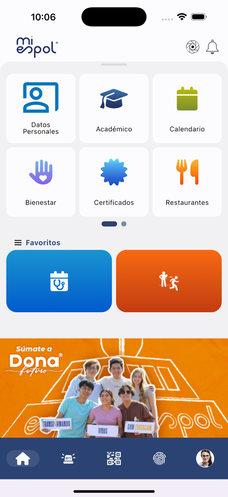 Mi ESPOL - Main interface of the Mi ESPOL app displaying icons for academic services student records and campus life