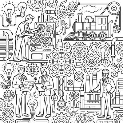 Dive into the fascinating world of industrial innovation with this detailed coloring template. Perfect for curious minds, it features pioneering inventors, entrepreneurs, and the machinery that shaped our world.
