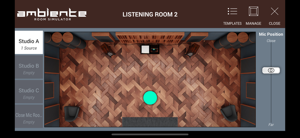 Top-down view of the SWAM Violin Ambiente Room Simulator interface showing virtual studio acoustic settings and microphone position controls.