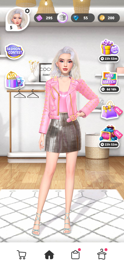 Glow Fashion Idol - Ein weiblicher Avatar im Spiel Glow Fashion Idol, der eine pinke Lederjacke mit Nieten und einen silbernen Metallic-Rock trägt.