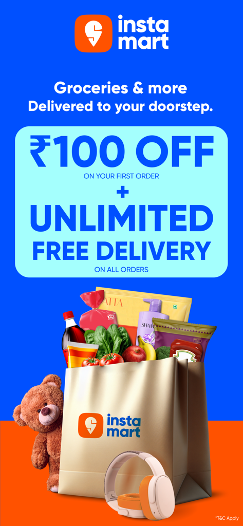 Instamart: Groceries & more - Banner promocional do Instamart mostrando uma sacola de compras com alimentos e eletrônicos e uma oferta de primeiro pedido com desconto