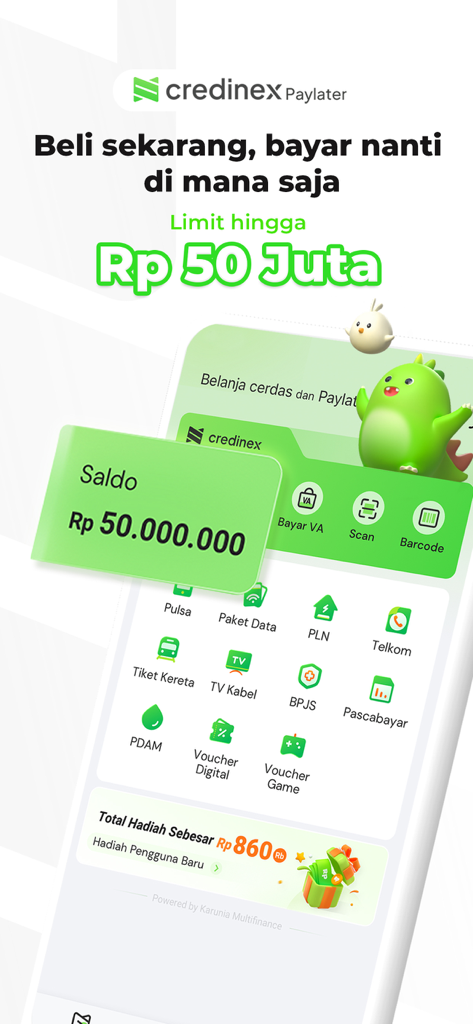 Credinex-Cicilan & Paylater 0% - Interfaz de la aplicación Credinex Paylater que muestra el límite de crédito y las opciones de pago de facturas de servicios públicos.