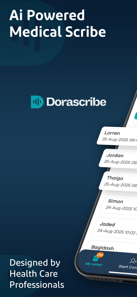 Dorascribe - Dorascribe AI powered medical scribe app displaying a list of patient consultation notes