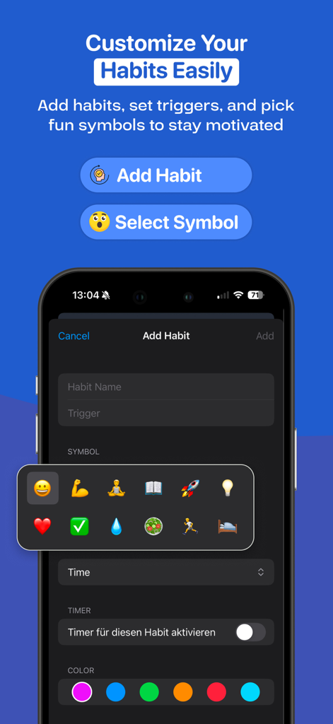 Stack Habit - Interfaz de la aplicación Stack Habit que muestra cómo personalizar un nuevo hábito con nombre, desencadenante, símbolo de emoji y selección de color.
