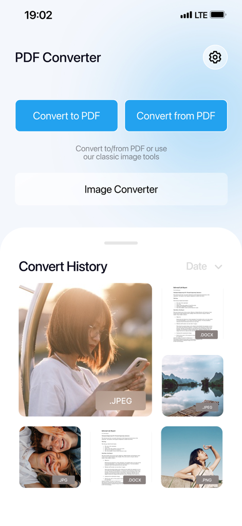 Main screen of the PDF Converter app showing options to convert to and from PDF with a document history section.