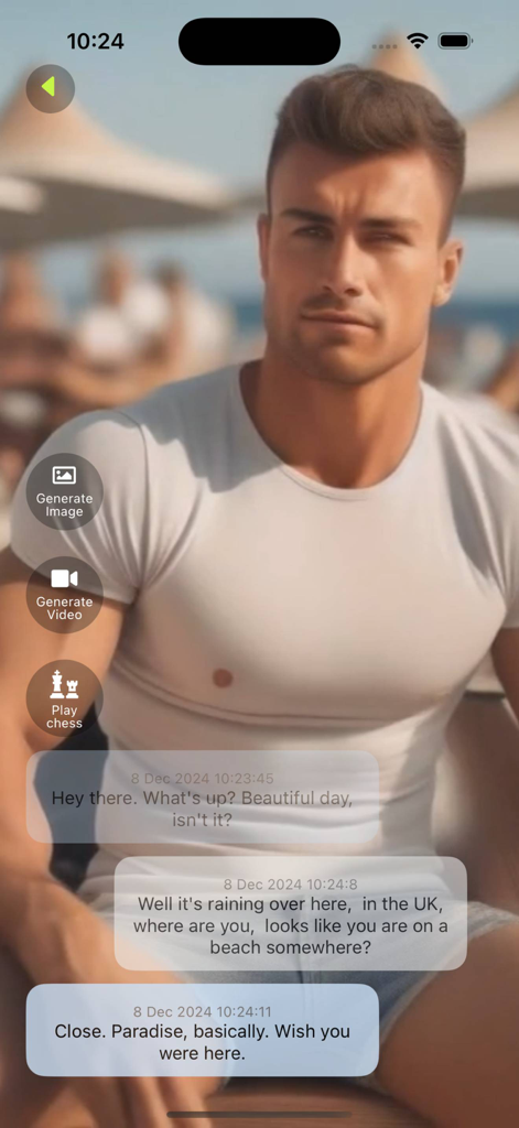 A chat interface from the TenderTalk app showing a conversation with a handsome male AI companion on a beach.