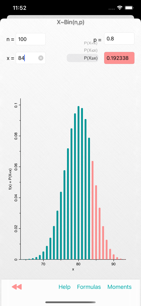 Probability-Distributions - Calcolo della distribuzione binomiale che mostra un grafico della funzione di massa di probabilità con parametri n uguale a 100 e p uguale a 0.8