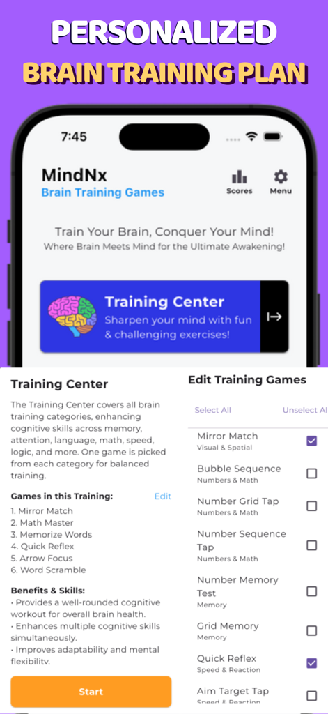 Mind Games: Brain Training Gym - Pantalla de aplicación móvil que muestra un plan de entrenamiento cerebral personalizado y una lista de juegos cognitivos para seleccionar para un entrenamiento
