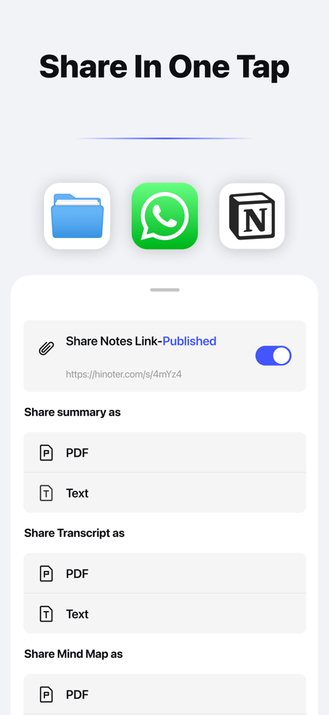HiNoter - Al Note Taker - Interfaz de la aplicación HiNoter para compartir notas de IA, resúmenes, transcripciones y mapas mentales como PDF o texto