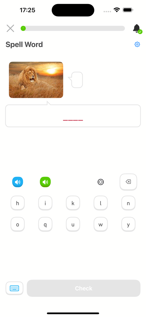 4000 Essential English Words ⑶ - Ejercicio de ortografía en la aplicación 4000 Palabras Esenciales en Inglés 3 con una imagen de un león.