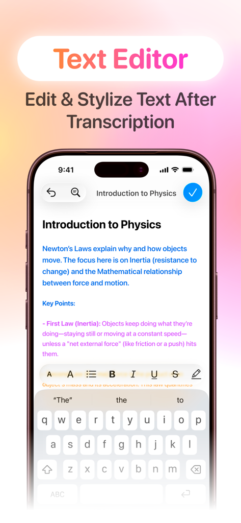 AI Lecture Note Taker - AI Lecture Note Taker app text editor interface showing edited physics notes on an iPhone