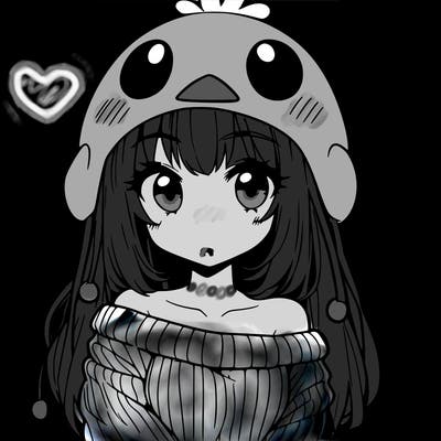 anime girl with chick shaped hat with sweater with bare shoulders with bangs covering them one eye with low tail